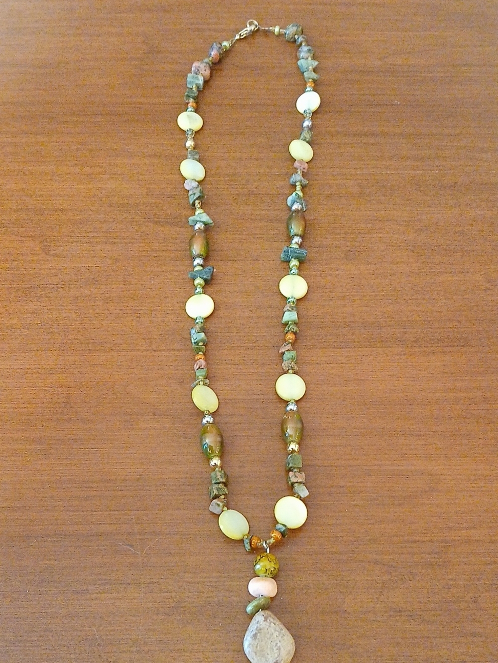 Green and Cream Beaded Necklace with Stone Pendant